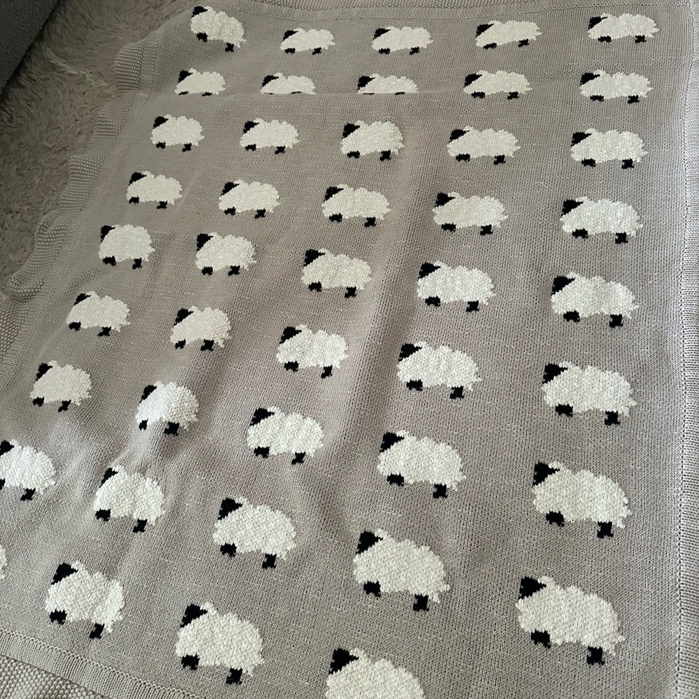 Creative Co-Op Tan/Gray Knit Baby Blanket with Sheep